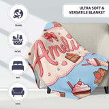 Cute Chocolate Strawberry Milkshake Blue Background Seamless  Personalised Custom Name Super Soft Fleece Blanket Bed Sofa Throw