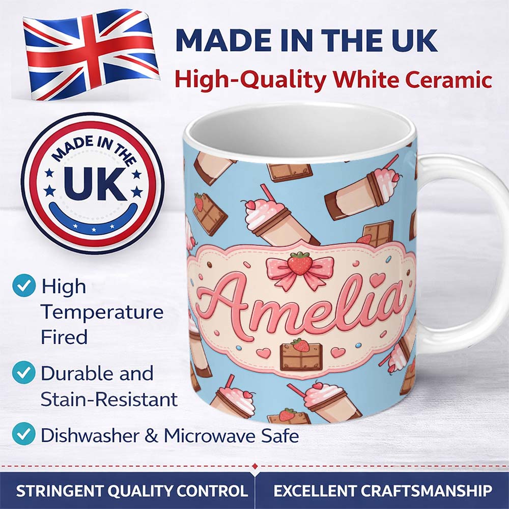 Personalized Custom Name Cute Chocolate Strawberry Milkshake Blue Background Seamless 11oz Ceramic Coffee Tea Mug White Large Handle