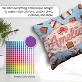 Custom Name Cute Chocolate Strawberry Milkshake Blue Background Square Filled Cushion Throw Pillow Sofa Bed Home Decor Zip Washable UK Made