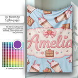 Cute Chocolate Strawberry Milkshake Blue Background Seamless  Personalised Custom Name Super Soft Fleece Blanket Bed Sofa Throw