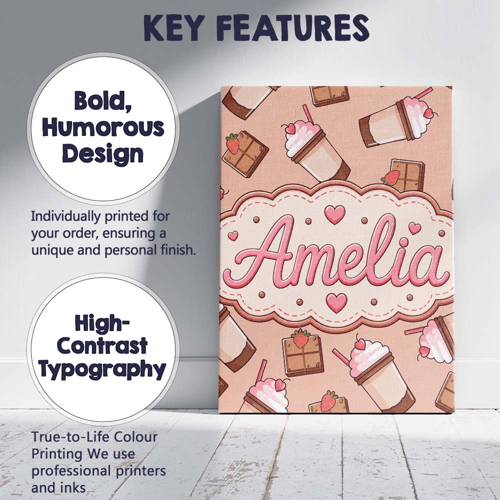 Personalised Name Cute Chocolate Strawberry Custom  Bespoke Interior Contemporary Canvas Wall Art Print Decor Picture Ready to Hang