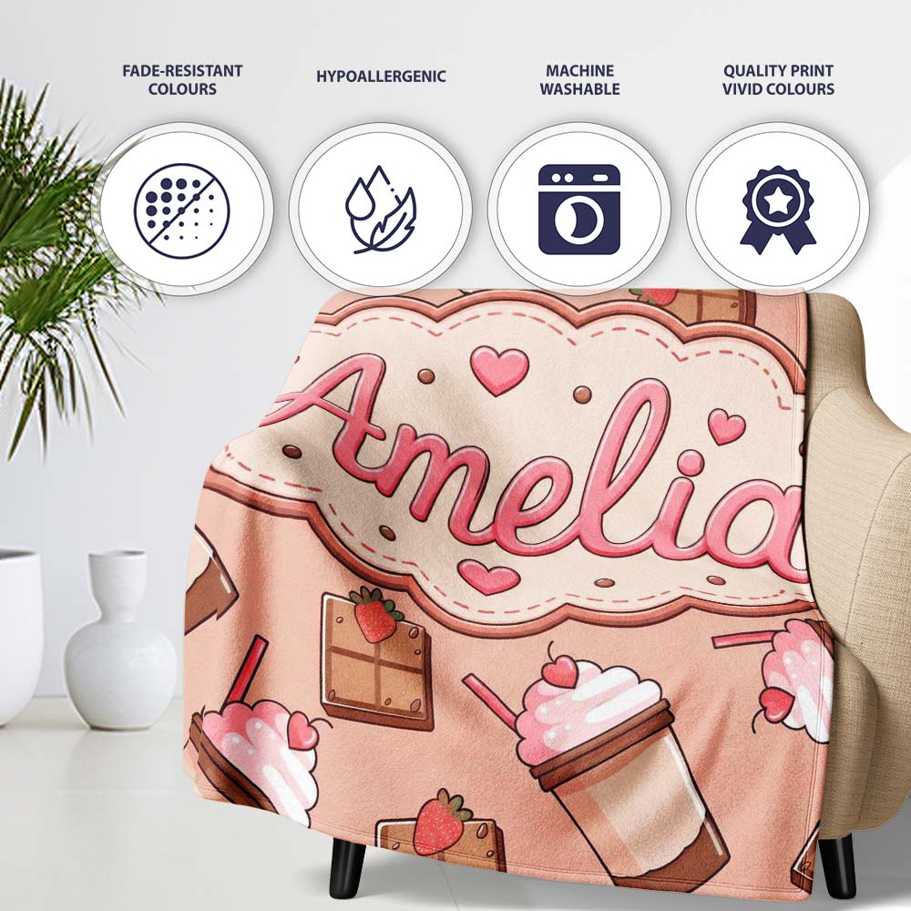 Cute Chocolate Strawberry Milkshake Peach Background Seamless  Personalised Custom Name Super Soft Fleece Blanket Bed Sofa Throw