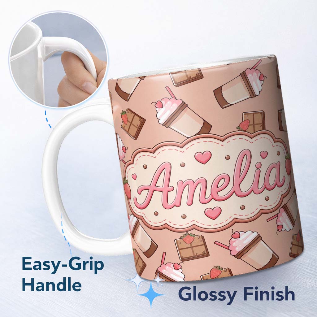 Personalized Custom Name Cute Chocolate Strawberry Milkshake Peach Background Seamless 11oz Ceramic Coffee Tea Mug White Large Handle