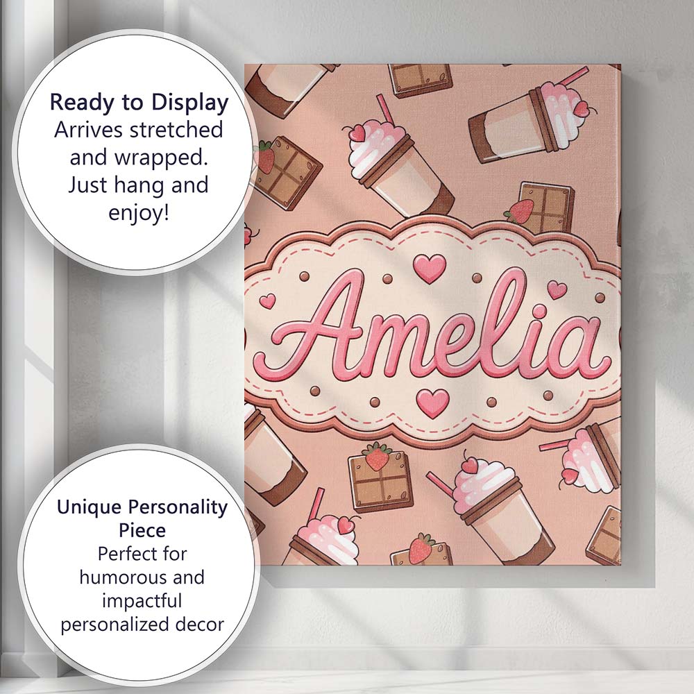 Personalised Name Cute Chocolate Strawberry Custom  Bespoke Interior Contemporary Canvas Wall Art Print Decor Picture Ready to Hang