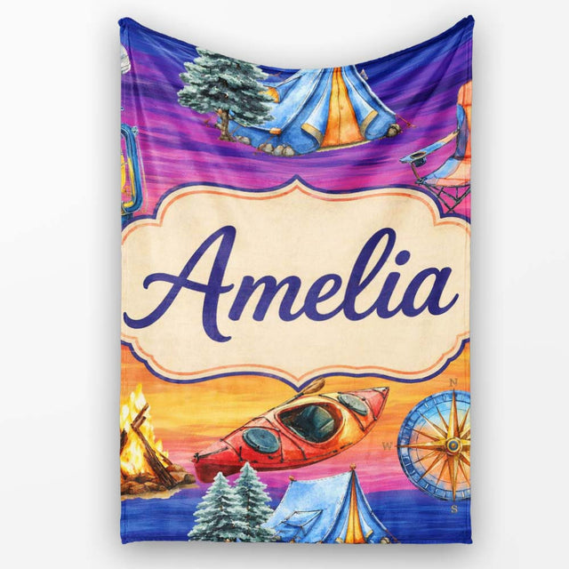 Sunset Camping Outdoor Equipment Seamless Pattern Cute Unique Gift  Personalised Custom Name Super Soft Fleece Blanket Bed Sofa Throw