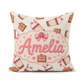 Custom Name Cute Chocolate Strawberry Milkshake Cream Background Square Filled Cushion Throw Pillow Sofa Bed Home Decor Zip Washable UK Made