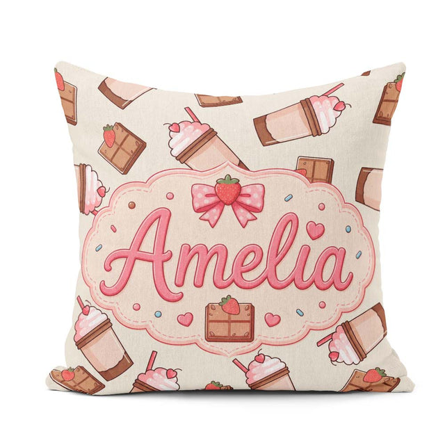 Custom Name Cute Chocolate Strawberry Milkshake Cream Background Square Filled Cushion Throw Pillow Sofa Bed Home Decor Zip Washable UK Made