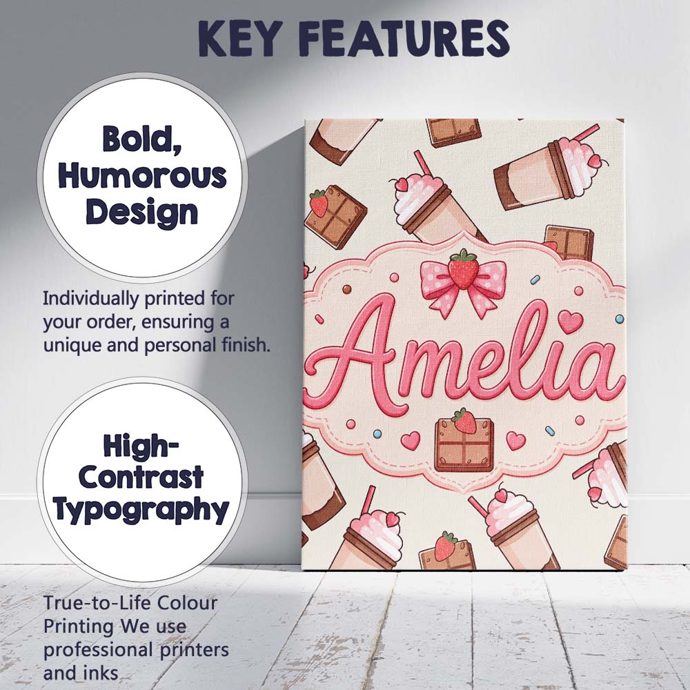 Personalised Name Cute Chocolate Strawberry Custom  Bespoke Interior Contemporary Canvas Wall Art Print Decor Picture Ready to Hang