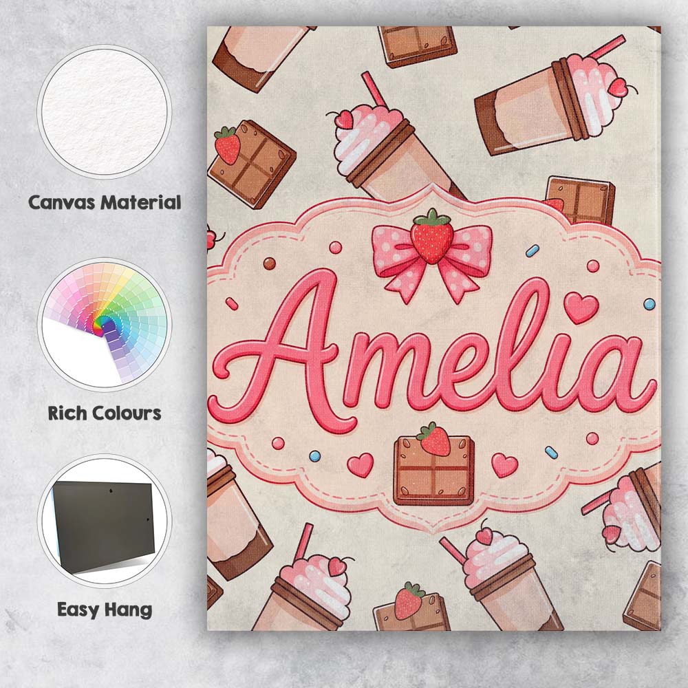 Personalised Name Cute Chocolate Strawberry Custom  Bespoke Interior Contemporary Canvas Wall Art Print Decor Picture Ready to Hang