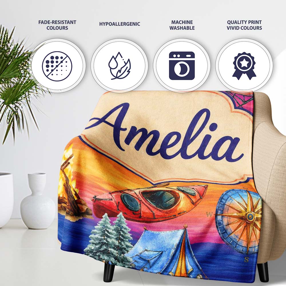 Sunset Camping Outdoor Equipment Seamless Pattern Cute Unique Gift  Personalised Custom Name Super Soft Fleece Blanket Bed Sofa Throw
