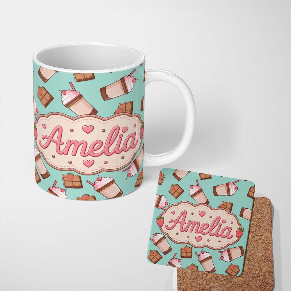 Personalized Custom Name Cute Chocolate Strawberry Milkshake Mint Background Seamless 11oz Ceramic Coffee Tea Mug White Large Handle