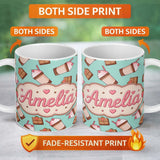 Personalized Custom Name Cute Chocolate Strawberry Milkshake Mint Background Seamless 11oz Ceramic Coffee Tea Mug White Large Handle