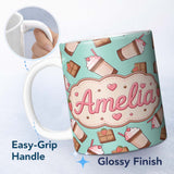 Personalized Custom Name Cute Chocolate Strawberry Milkshake Mint Background Seamless 11oz Ceramic Coffee Tea Mug White Large Handle