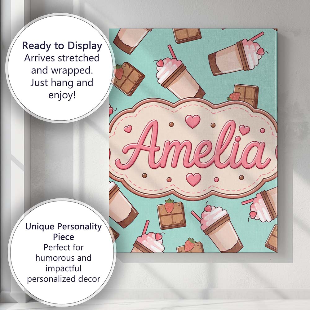 Personalised Name Cute Chocolate Strawberry Custom  Bespoke Interior Contemporary Canvas Wall Art Print Decor Picture Ready to Hang