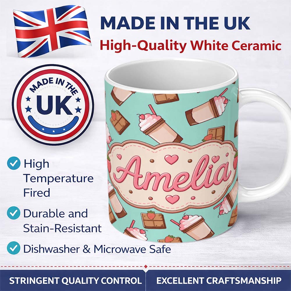 Personalized Custom Name Cute Chocolate Strawberry Milkshake Mint Background Seamless 11oz Ceramic Coffee Tea Mug White Large Handle