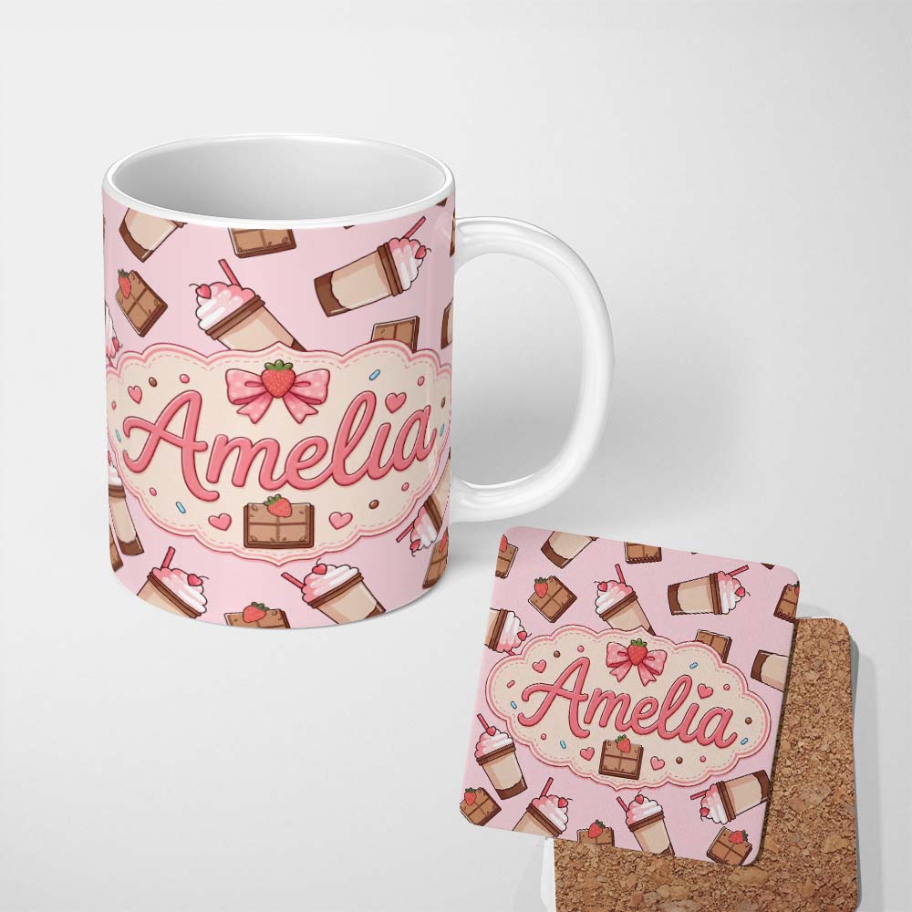 Personalized Custom Name Cute Chocolate Strawberry Milkshake Soft Pink Background Seamless 11oz Ceramic Coffee Tea Mug White Large Handle