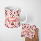 Personalized Custom Name Cute Chocolate Strawberry Milkshake Soft Pink Background Seamless 11oz Ceramic Coffee Tea Mug White Large Handle