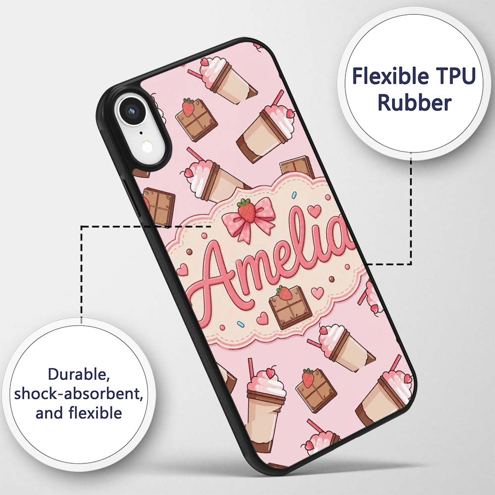 Cute Chocolate Strawberry Milkshake Soft Pink Custom Name Protective Phone Case Mobile Cover Durable Everyday Smartphone Shock Resistant