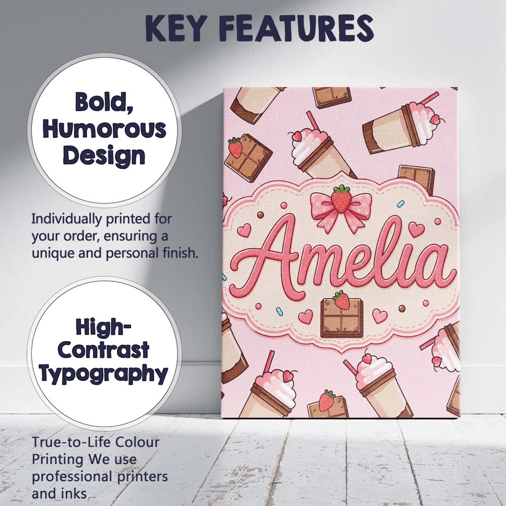Personalised Name Cute Chocolate Strawberry Custom  Bespoke Interior Contemporary Canvas Wall Art Print Decor Picture Ready to Hang