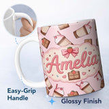 Personalized Custom Name Cute Chocolate Strawberry Milkshake Soft Pink Background Seamless 11oz Ceramic Coffee Tea Mug White Large Handle