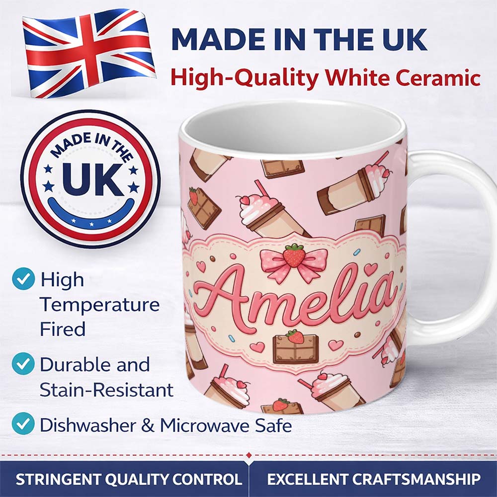 Personalized Custom Name Cute Chocolate Strawberry Milkshake Soft Pink Background Seamless 11oz Ceramic Coffee Tea Mug White Large Handle