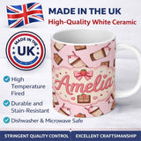Personalized Custom Name Cute Chocolate Strawberry Milkshake Soft Pink Background Seamless 11oz Ceramic Coffee Tea Mug White Large Handle