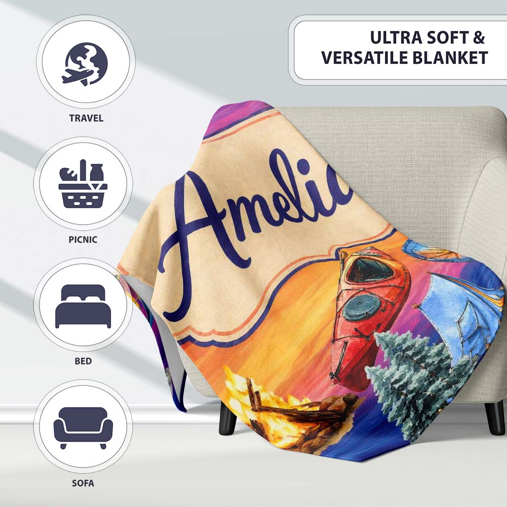 Sunset Camping Outdoor Equipment Seamless Pattern Cute Unique Gift  Personalised Custom Name Super Soft Fleece Blanket Bed Sofa Throw