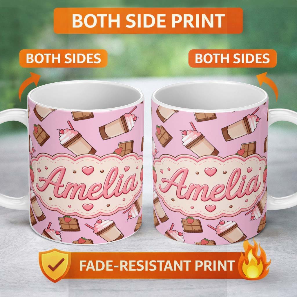 Personalized Custom Name Cute Chocolate Strawberry Milkshake Blush Pink Background Seamless 11oz Ceramic Coffee Tea Mug White Large Handle