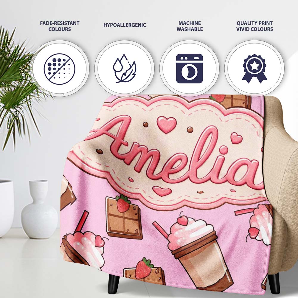 Cute Chocolate Strawberry Milkshake Blush Pink Background Seamless  Personalised Custom Name Super Soft Fleece Blanket Bed Sofa Throw