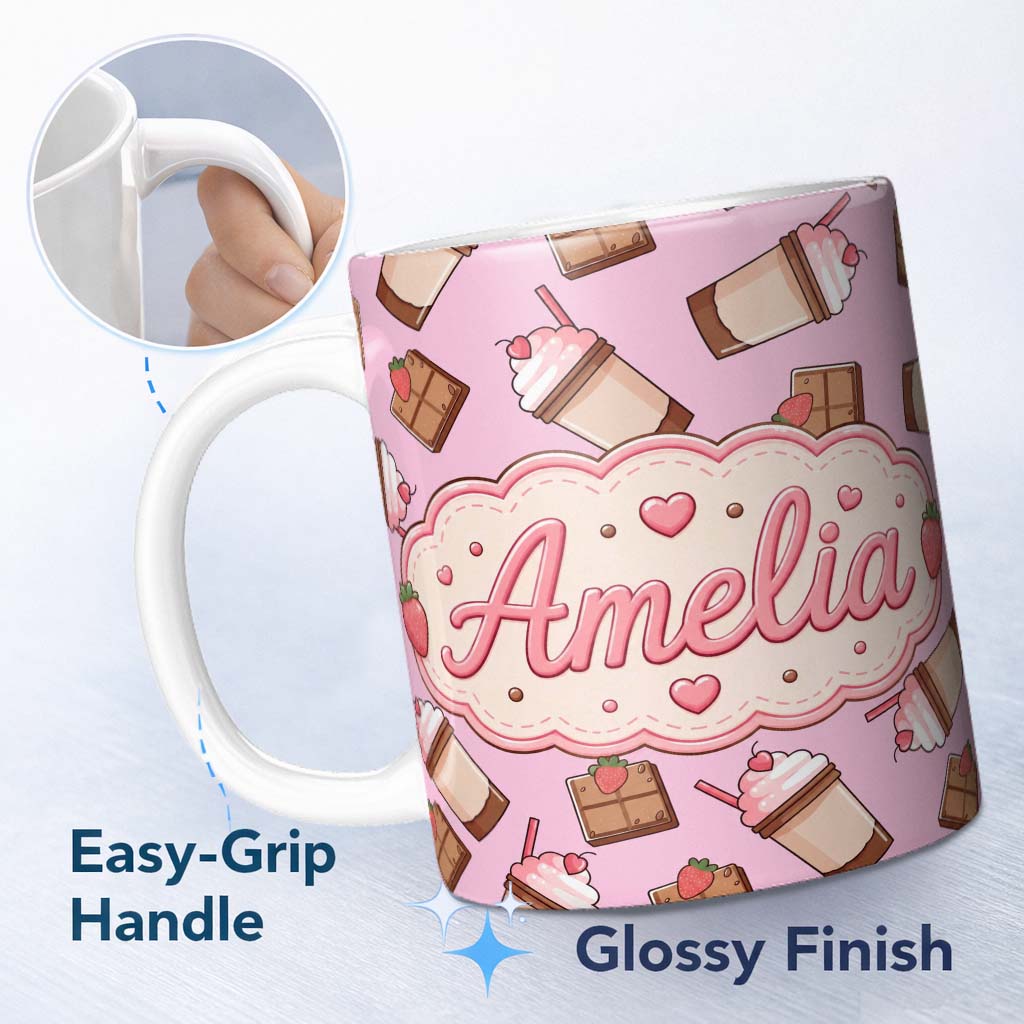 Personalized Custom Name Cute Chocolate Strawberry Milkshake Blush Pink Background Seamless 11oz Ceramic Coffee Tea Mug White Large Handle