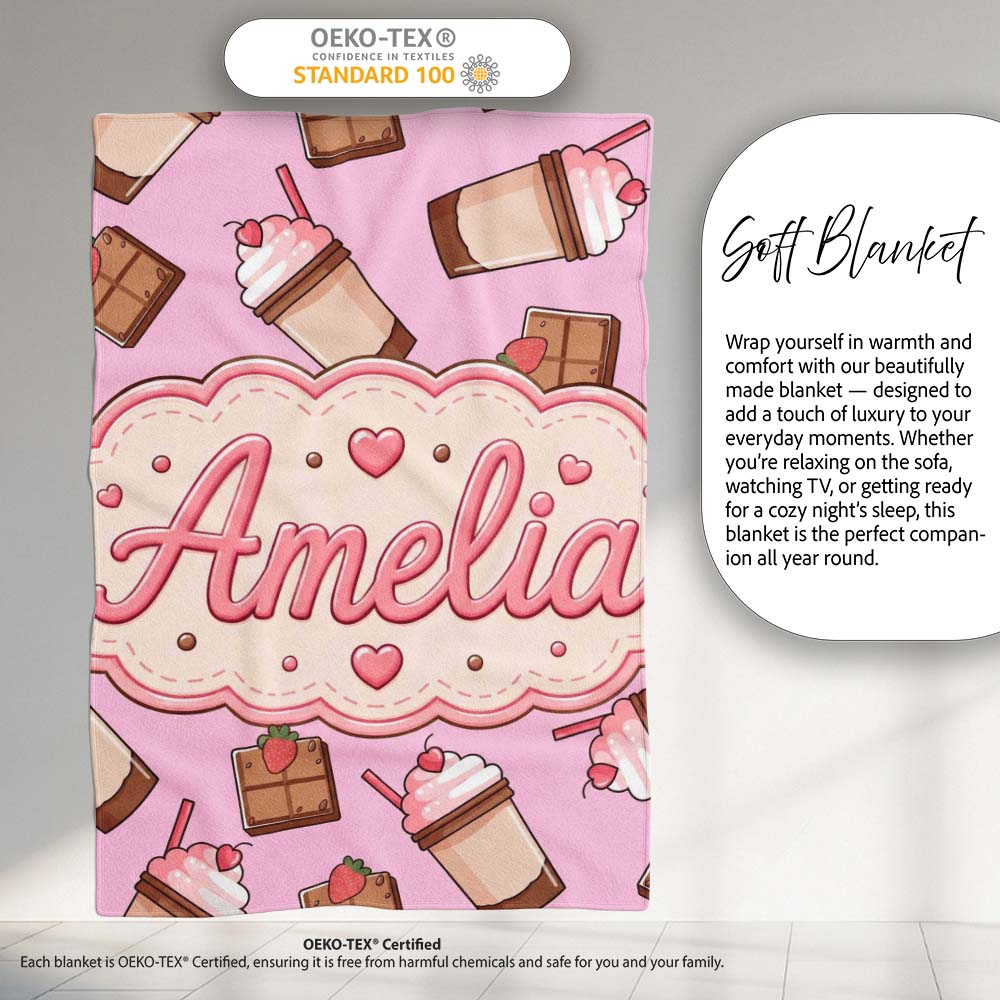 Cute Chocolate Strawberry Milkshake Blush Pink Background Seamless  Personalised Custom Name Super Soft Fleece Blanket Bed Sofa Throw