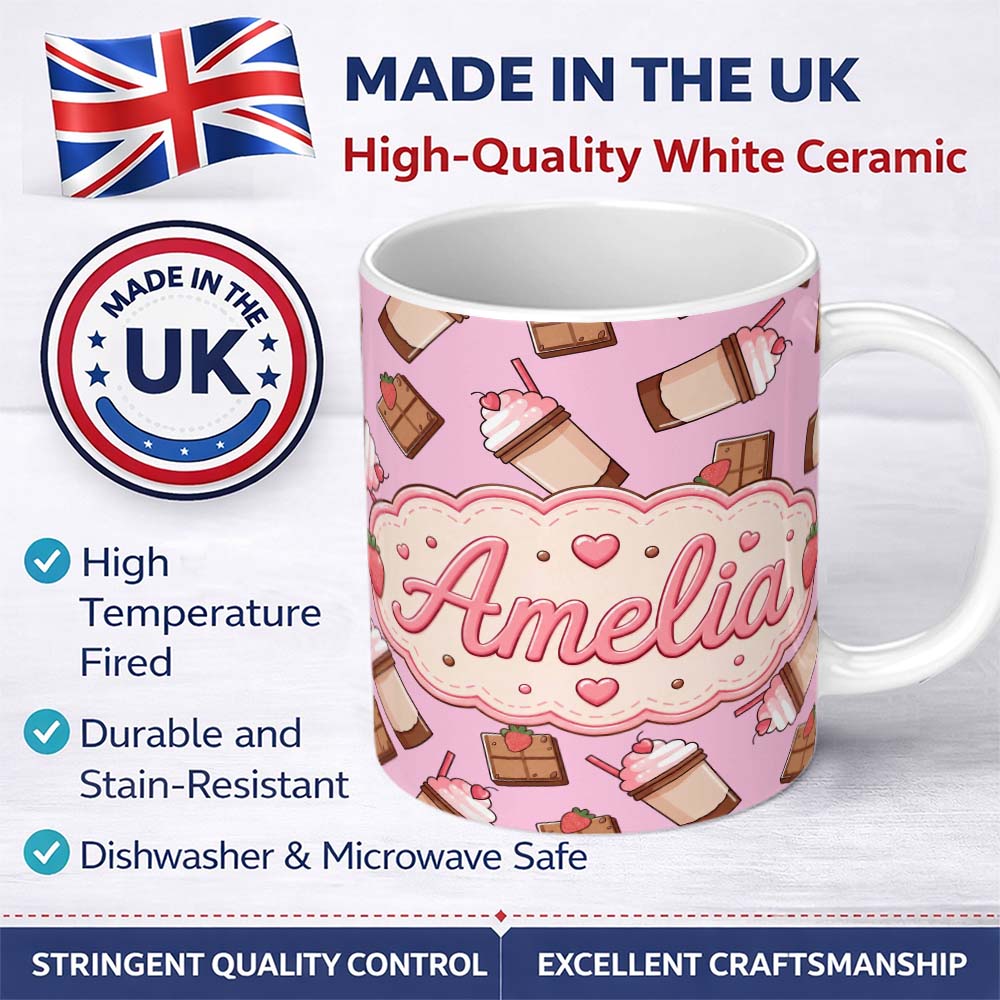 Personalized Custom Name Cute Chocolate Strawberry Milkshake Blush Pink Background Seamless 11oz Ceramic Coffee Tea Mug White Large Handle