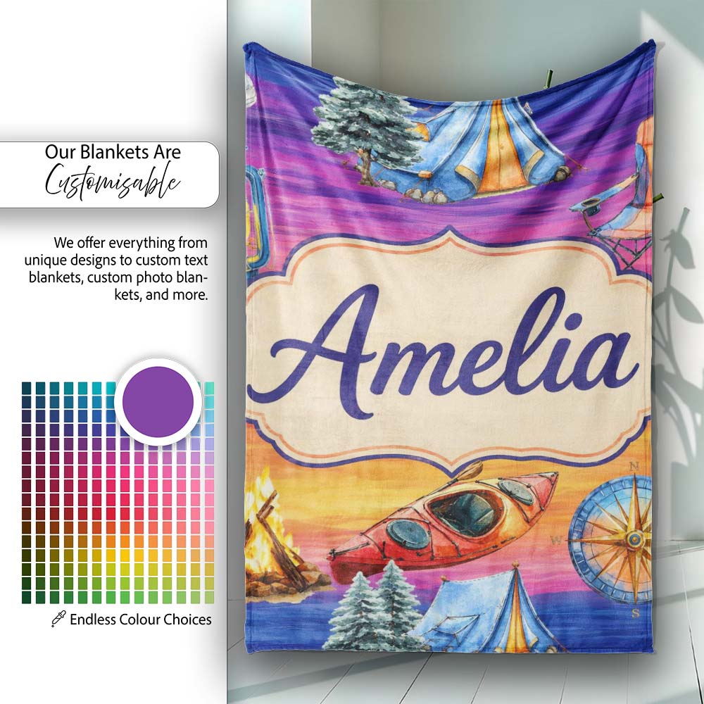 Sunset Camping Outdoor Equipment Seamless Pattern Cute Unique Gift  Personalised Custom Name Super Soft Fleece Blanket Bed Sofa Throw