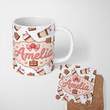 Personalized Custom Name Cute Chocolate Strawberry Milkshake Light Grey Background Seamless 11oz Ceramic Coffee Tea Mug White Large Handle
