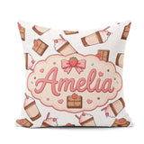 Custom Name Chocolate Strawberry Milkshake Light Grey Background Square Filled Cushion Throw Pillow Sofa Bed Home Decor Zip Washable UK Made