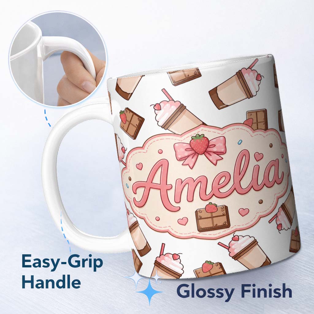 Personalized Custom Name Cute Chocolate Strawberry Milkshake Light Grey Background Seamless 11oz Ceramic Coffee Tea Mug White Large Handle