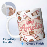 Personalized Custom Name Cute Chocolate Strawberry Milkshake Light Grey Background Seamless 11oz Ceramic Coffee Tea Mug White Large Handle