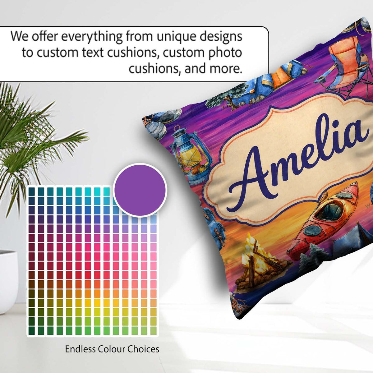 Custom Name Sunset Camping Outdoor Equipment Seamless Pattern Square Filled Cushion Throw Pillow Sofa Bed Home Decor Zip Washable UK Made