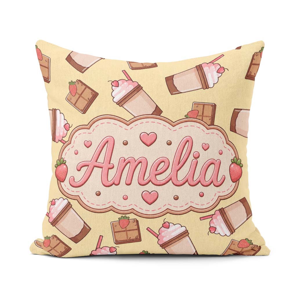 Custom Name Cute Chocolate Strawberry Yellow Background Seamless Square Filled Cushion Throw Pillow Sofa Bed Home Decor Zip Washable UK Made