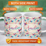 Personalized Custom Name Bright Watercolor Butterflies with Color Splash Effect Seamless 11oz Ceramic Coffee Tea Mug White Large Handle