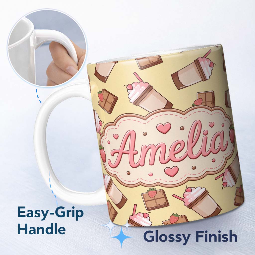 Personalized Custom Name Cute Chocolate Strawberry Milkshake Yellow Background Seamless 11oz Ceramic Coffee Tea Mug White Large Handle