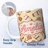 Personalized Custom Name Cute Chocolate Strawberry Milkshake Yellow Background Seamless 11oz Ceramic Coffee Tea Mug White Large Handle