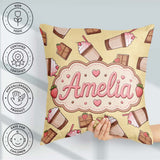 Custom Name Cute Chocolate Strawberry Yellow Background Seamless Square Filled Cushion Throw Pillow Sofa Bed Home Decor Zip Washable UK Made