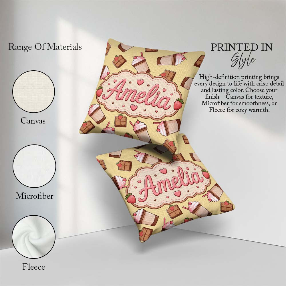 Custom Name Cute Chocolate Strawberry Yellow Background Seamless Square Filled Cushion Throw Pillow Sofa Bed Home Decor Zip Washable UK Made