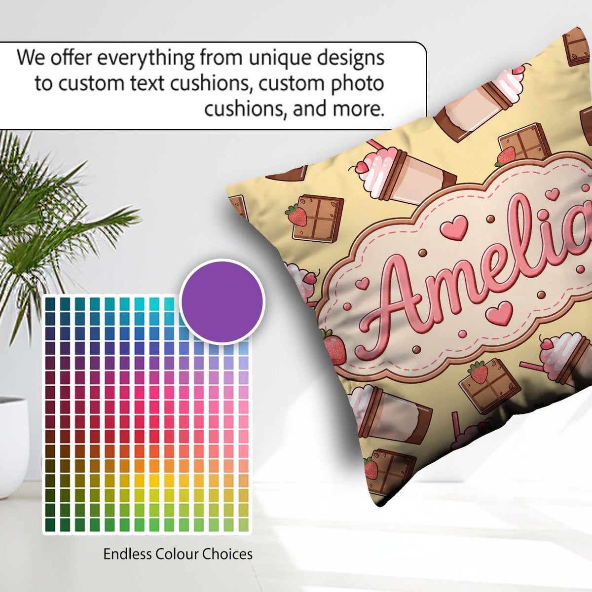 Custom Name Cute Chocolate Strawberry Yellow Background Seamless Square Filled Cushion Throw Pillow Sofa Bed Home Decor Zip Washable UK Made