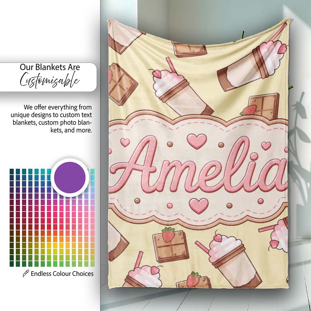 Cute Chocolate Strawberry Milkshake Yellow Background Seamless  Personalised Custom Name Super Soft Fleece Blanket Bed Sofa Throw