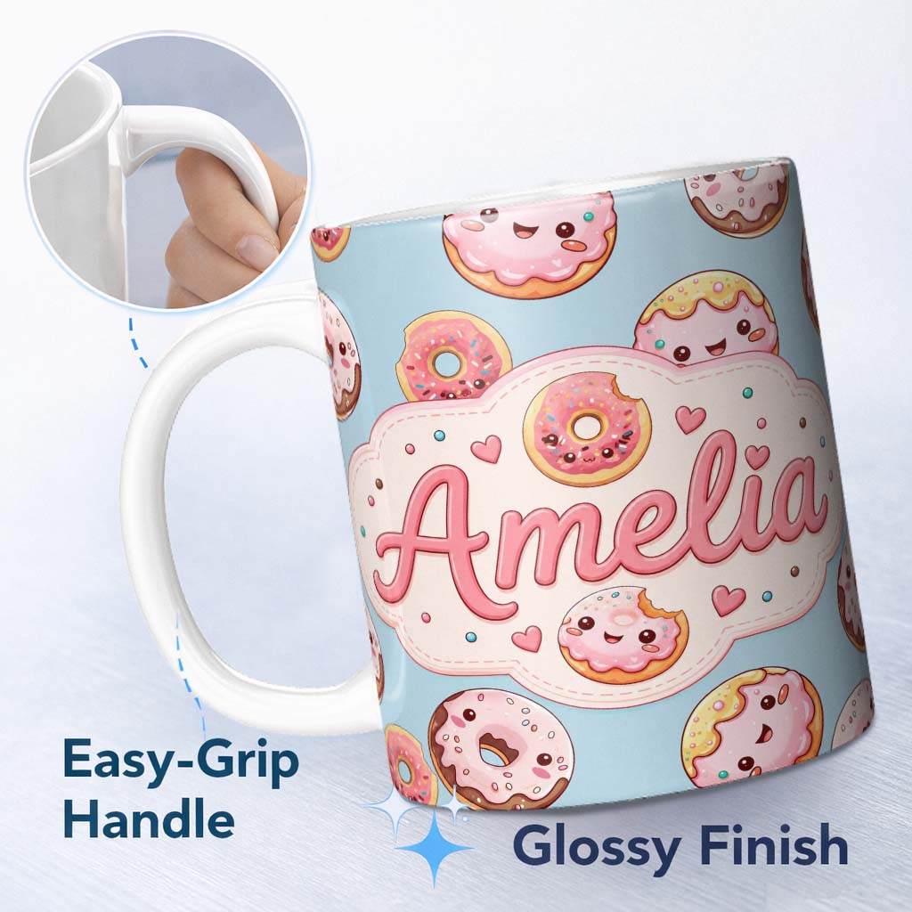 Personalized Custom Name Cute Kawaii Donuts with Pink Icing Blue Background Seamless Pattern 11oz Ceramic Coffee Tea Mug White Large Handle