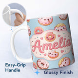 Personalized Custom Name Cute Kawaii Donuts with Pink Icing Blue Background Seamless Pattern 11oz Ceramic Coffee Tea Mug White Large Handle