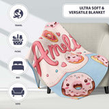 Cute Kawaii Donuts with Pink Icing Blue Background Seamless Pattern  Personalised Custom Name Super Soft Fleece Blanket Bed Sofa Throw