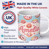 Personalized Custom Name Cute Kawaii Donuts with Pink Icing Blue Background Seamless Pattern 11oz Ceramic Coffee Tea Mug White Large Handle